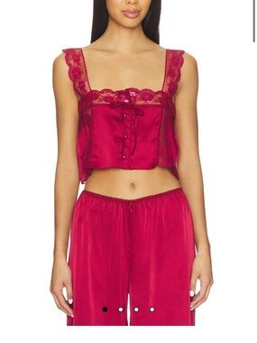 Lace-Trim Satin Crop Cami Pajama Top in Raspberry